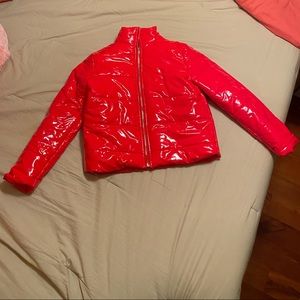 Brand New Faux Leather Red Puffer Jacket